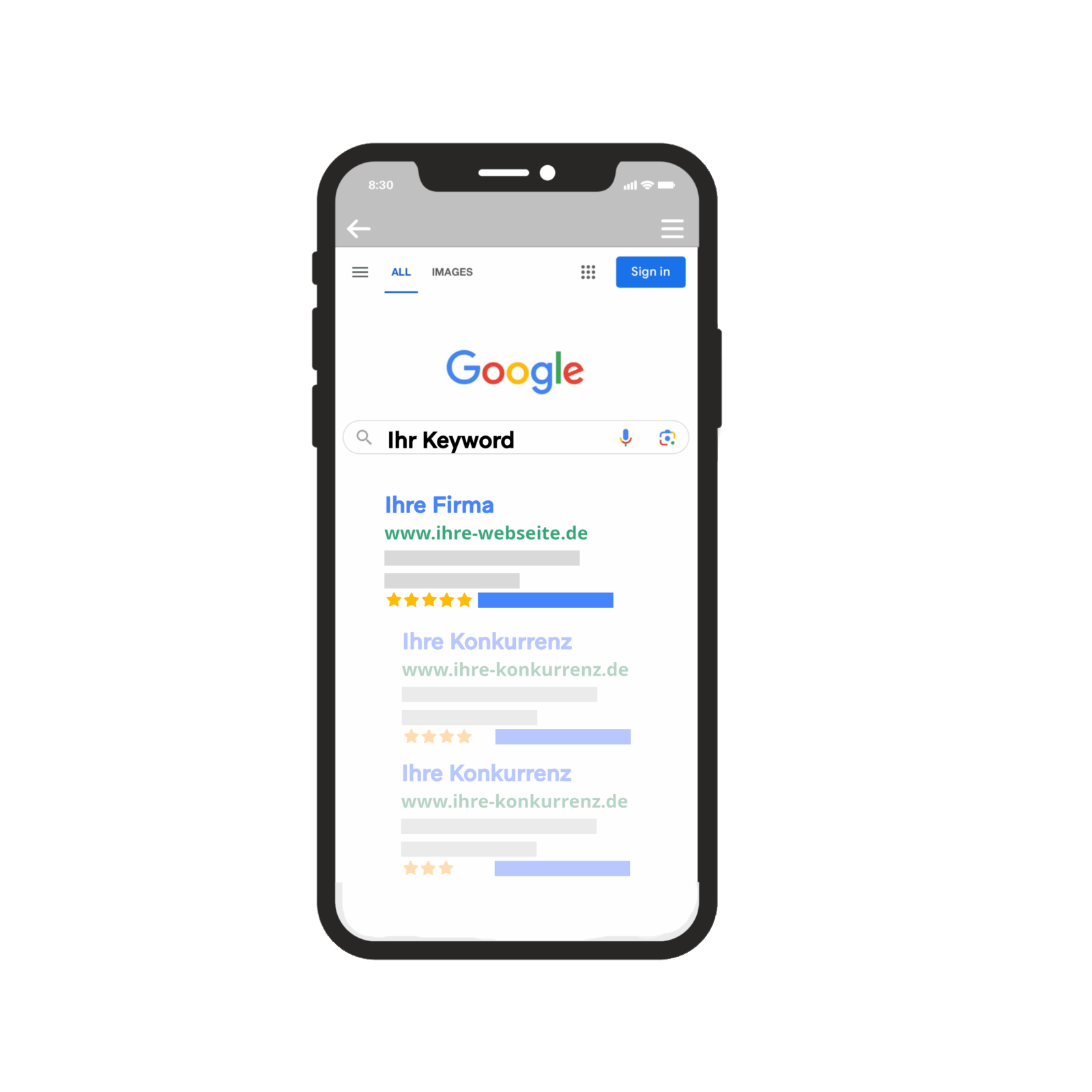 Beispielhafte Google-Suche auf einem Smartphone zur SEO-Sichtbarkeit