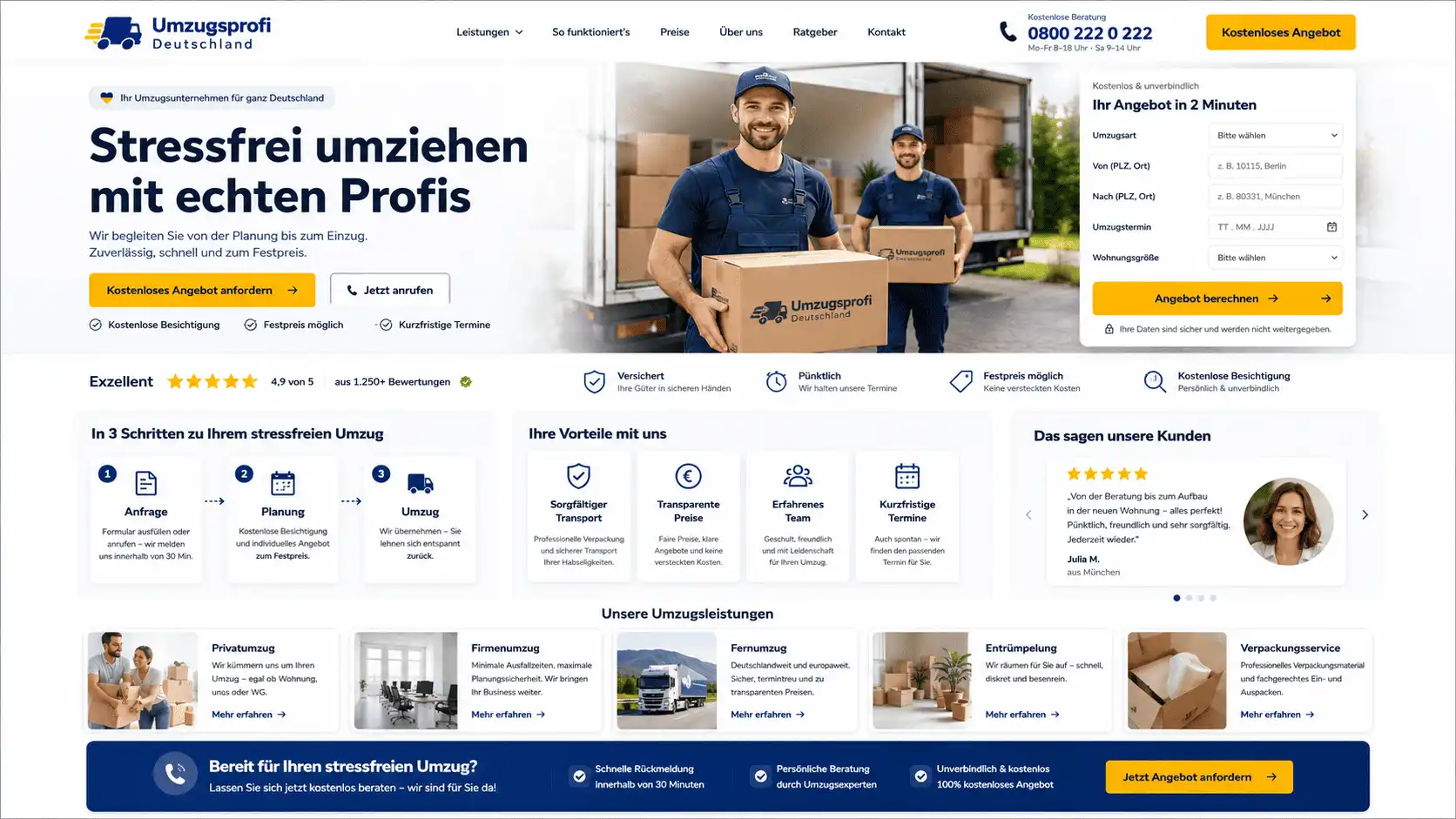 Umzugs-Landingpage nach der Überarbeitung