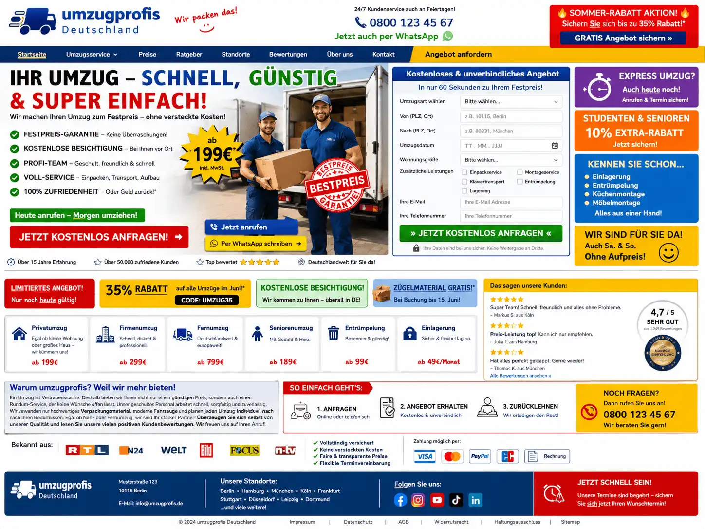 Umzugs-Landingpage vor der Überarbeitung